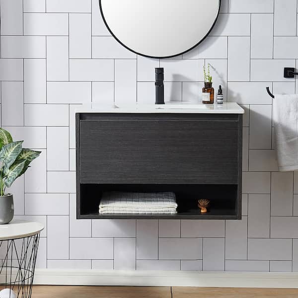 VAPSINT 30 in. W x 18.5 in. D x 20.4 in. H Floating Bath Vanity in Black with White Ceramic Sink