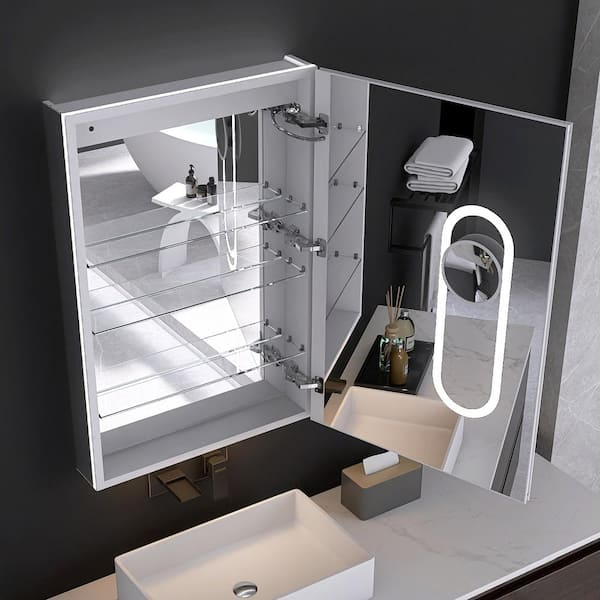 24 in. W x 36 in. H Rectangular Silver Aluminum Recessed/Surface Mount Right Medicine Cabinet with Mirror and LED