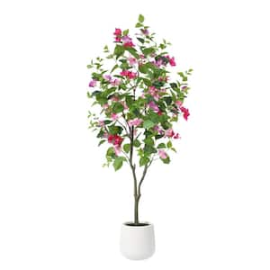 5 ft. Artificial Bougainvillea Tree with White Planter, Tall Faux Bougainvillea Trees with Red Flowers