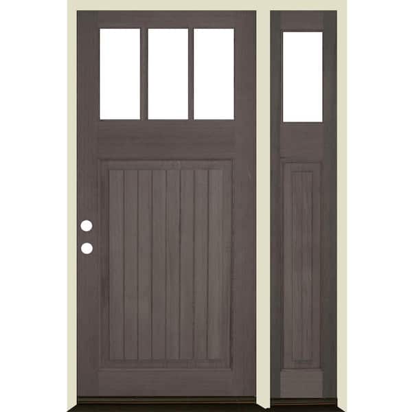 Krosswood Doors 50 in. x 80 in. Craftsman 3-Lite Clear Glass VG Grey Stain Right Hand Hemlock Wood Prehung Front Door w/RSL