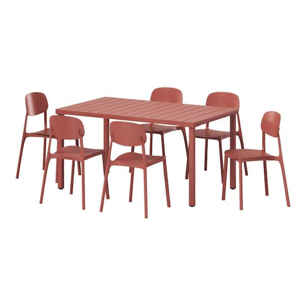 WESTIN OUTDOOR Frond and Form Outdoor Patio Modern 7-Piece Rectangular Steel Table, 6 Stackable HDPE Plastic Chairs Dining Set, Red