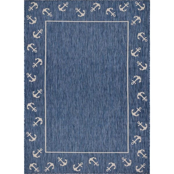Blue, Natural 8 ft. x 9 ft. Loomed Polypropylene Rectangle Indoor/Outdoor Area Rug