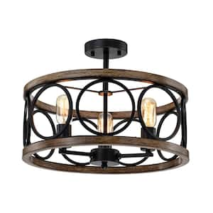 17.7 in. Farmhouse 3-Light Brown Drum Flush Mount Ceiling Light with Solid Wood Shade and No Bulbs Included