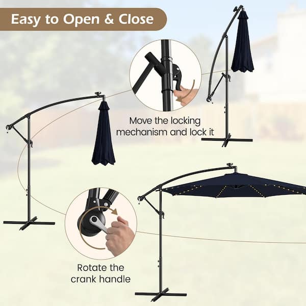 10 ft. Solar-Lighted 112 LED Cantilever Offset Patio Umbrella Crank Tilt in Navy