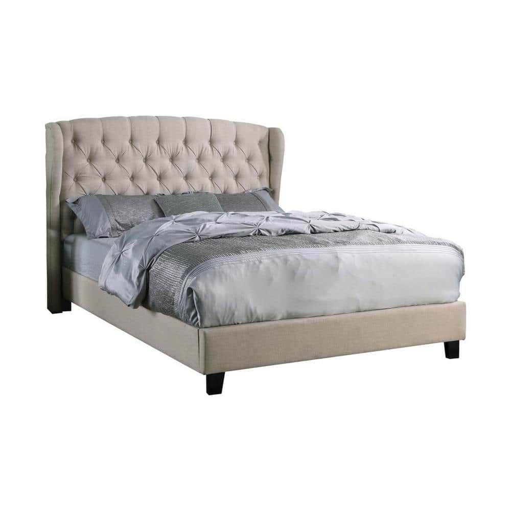 King Beige Linen Upholstered Tufted Wood Platform Bed