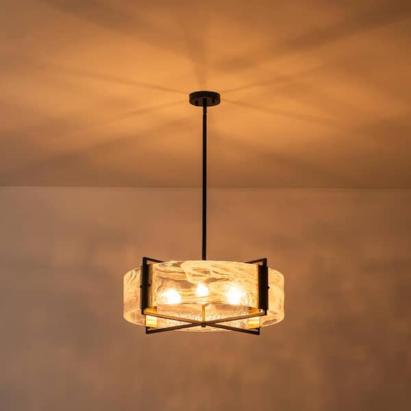 6-Light Black & Gold Finish Modern Farmhouse Drum Pendant Chandelier for Foyer with White Cloud Glass ,No Bulb Included