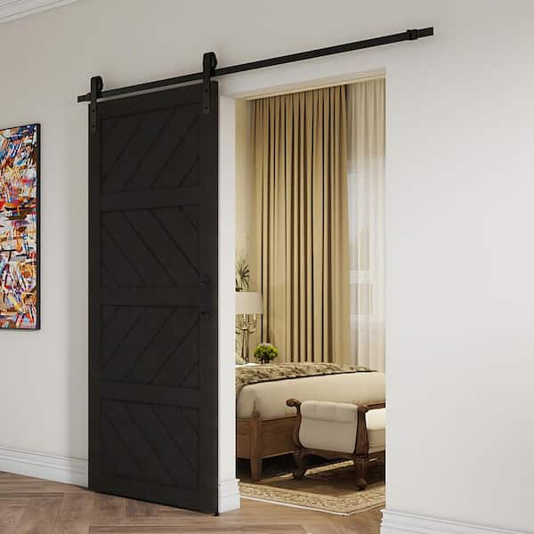 42 in. x 84 in. Black, MDF, 4 Panel Paneled Wood Wave, Water-Proof PVC Surface Sliding Barn Door with Hardware Kit