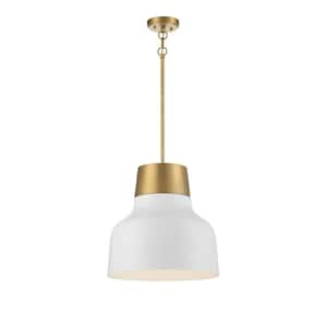 17 in. W x 18 in. H 1-Light White and Natural Brass Standard Pendant Light with White Metal Shade