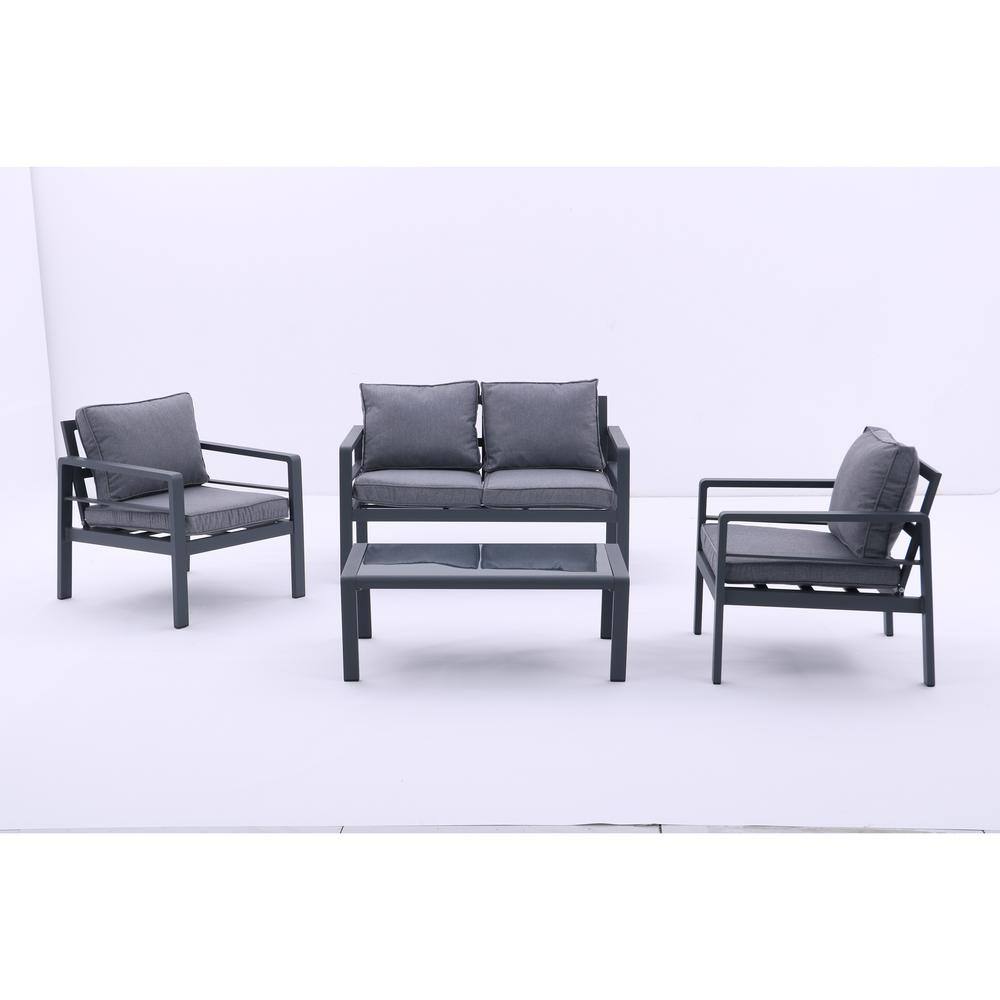 4-Piece Outdoor Patio Conversation Set with Removable Cushions, Glass Coffe