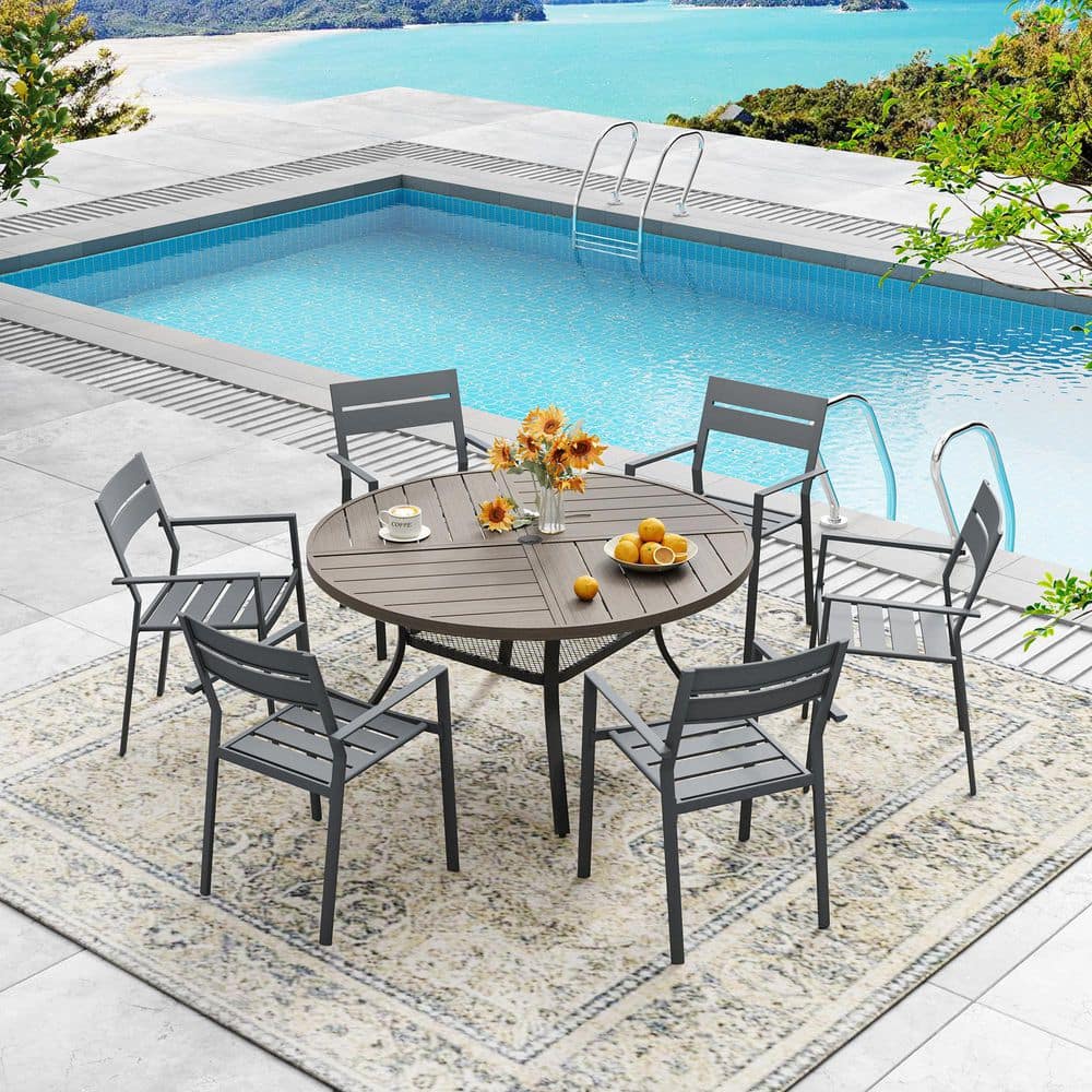 7-Piece Metal Outdoor Patio Dining Set with 47.2 in. Grey Wood-Like Round Slatted Table and 6 Grey Stackable Chairs price history on PriceWatchPro