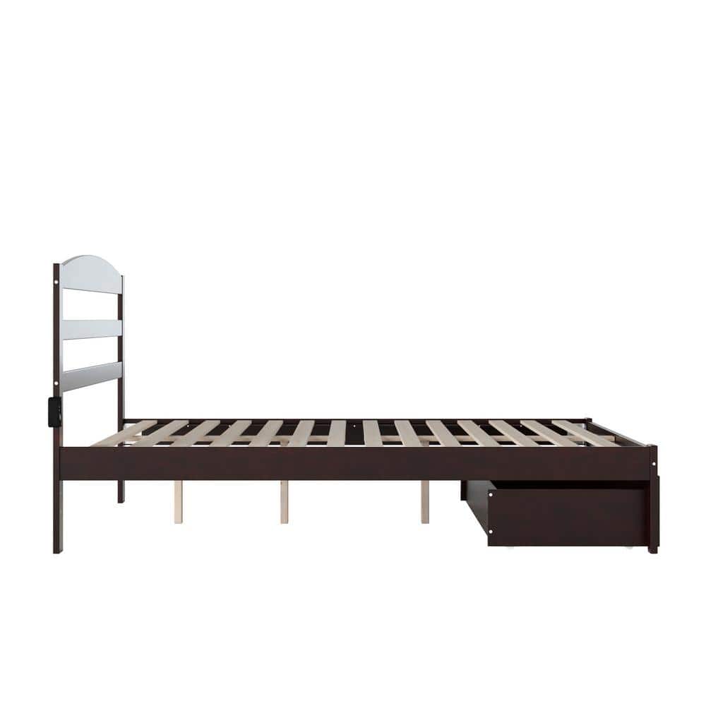 Espresso Solid Wood Queen Platform Bed with Foot Drawer