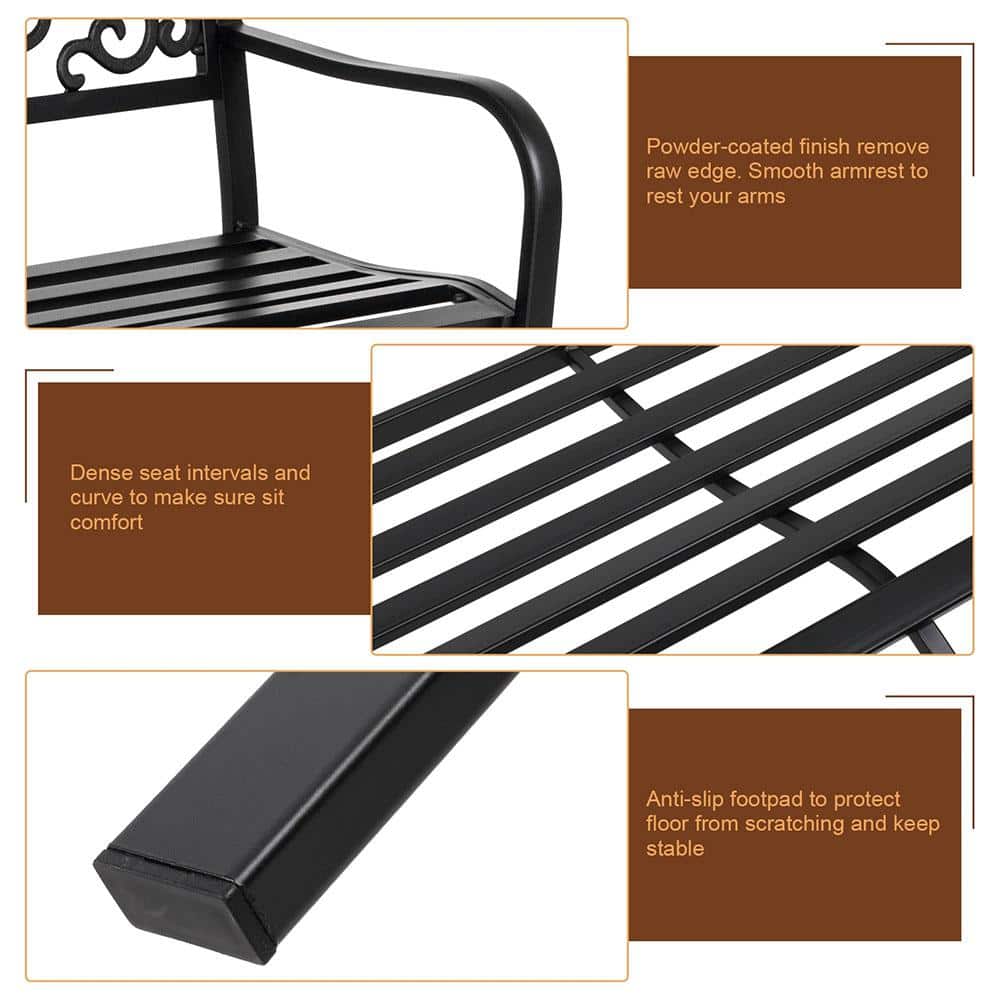 Black Powder Coated Steel Outdoor Bench with Cast Iron Backrest