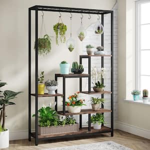 Wellston 70.86 in. Brown 5-Tier Wooden Indoor Plant Stand, Tall Flower Rack with 10-Hook