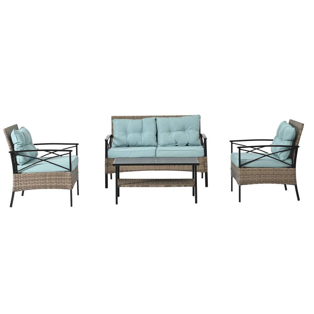 4-Piece Brown Wicker Patio Conversation Set with Blue Cushions, Black Metal Table price history on PriceWatchPro