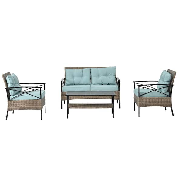Tenleaf 4-Piece Brown Wicker Patio Conversation Set with Blue Cushions, Black Metal Table