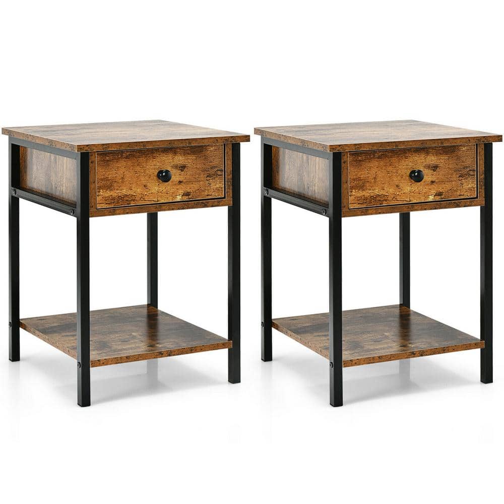 Brown Drawer Shelf Rustic 2-Piece Industrial End Side Table Nightstand 22 in. H x 16 in. W x 16 in. D