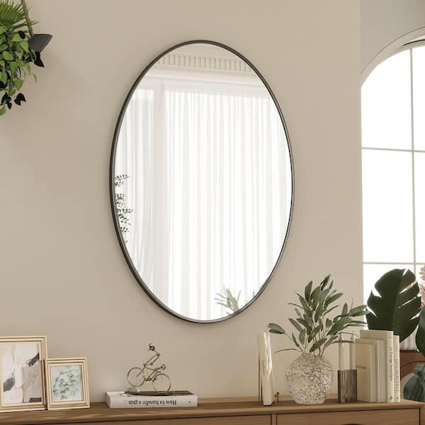 XRAMFY 24 in. W x 35.8 in. H Oval Modern Black Aluminum Framed Bathroom Mirror Wall Mirror