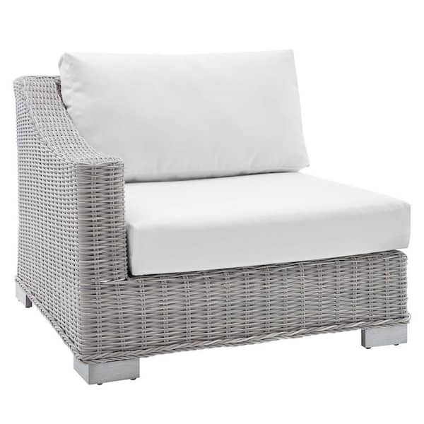 Conway Outdoor Patio Wicker Rattan Sectional Sofa Left-Arm Chair in Light Gray White With Sunbrella Cushions