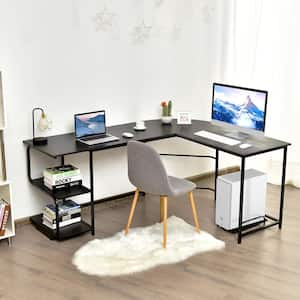 69 in. L-Shaped Black Wood Computer Desk with Shelves