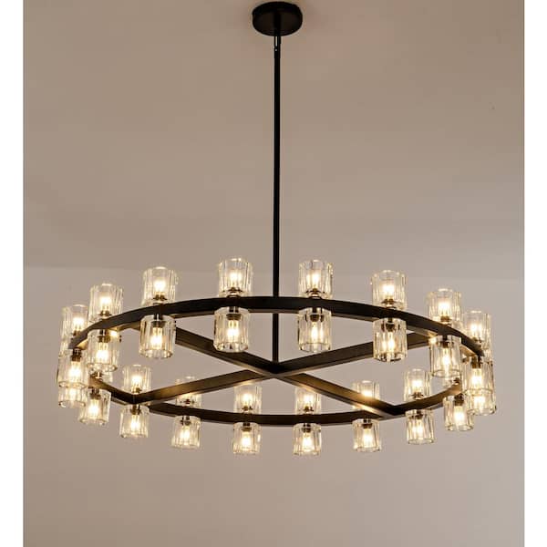 Modern Chandelier 36 in. 36-Light Matte Black Chandelier with K9 Crystal, Wagon Wheel Chandelier for Dining Room