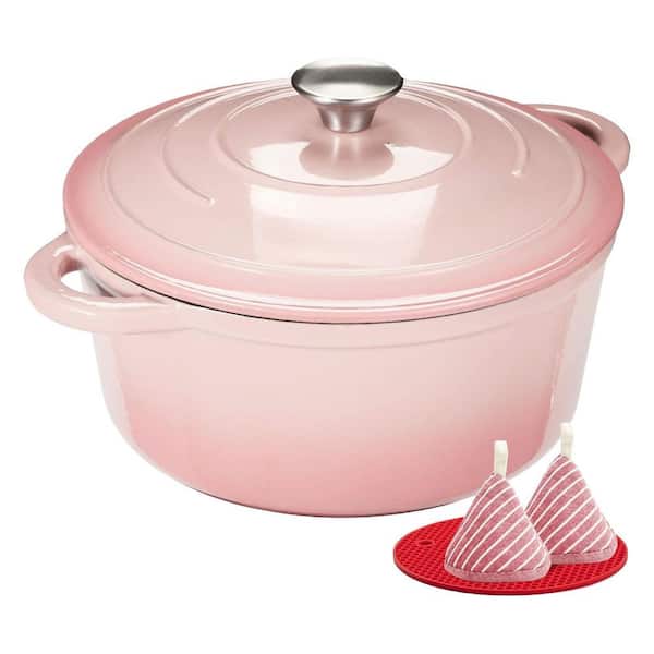 1-Piece 5.5QT Pink Enameled Cast Iron Dutch Oven Pot with Lid and Cotton Potholders, Oven Safe, Induction Compatible Set
