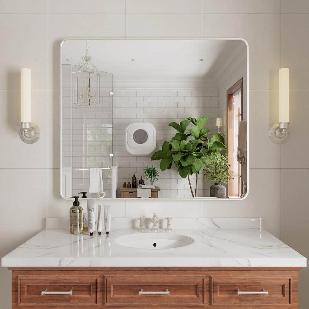 Ruhr 42 in. W x 36 in. H Rectangular Framed Wall Bathroom Vanity Mirror in Brushed Nickel price history on PriceWatchPro