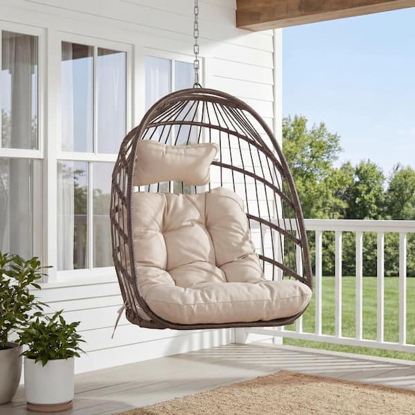 1-Person Outdoor Steel Wrapped with Brown Wicker Hanging Egg Chair