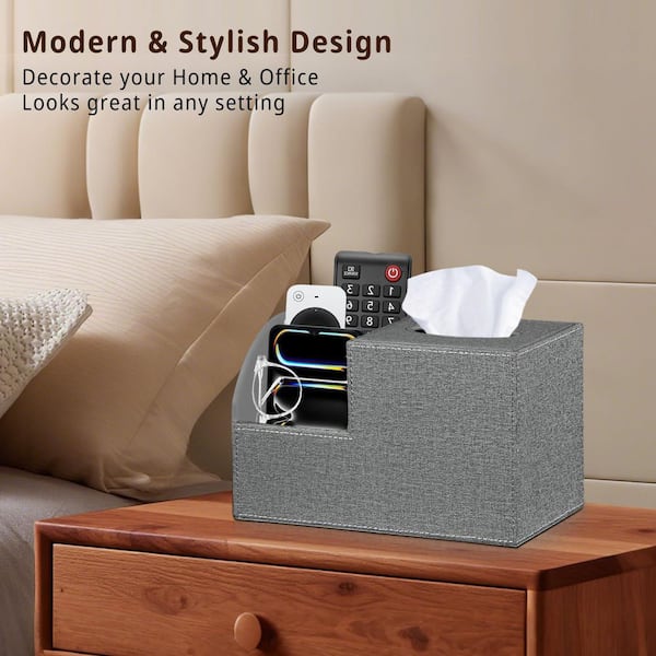 Wudkey Gray Leather Square Tissue Box Cover with Storage
