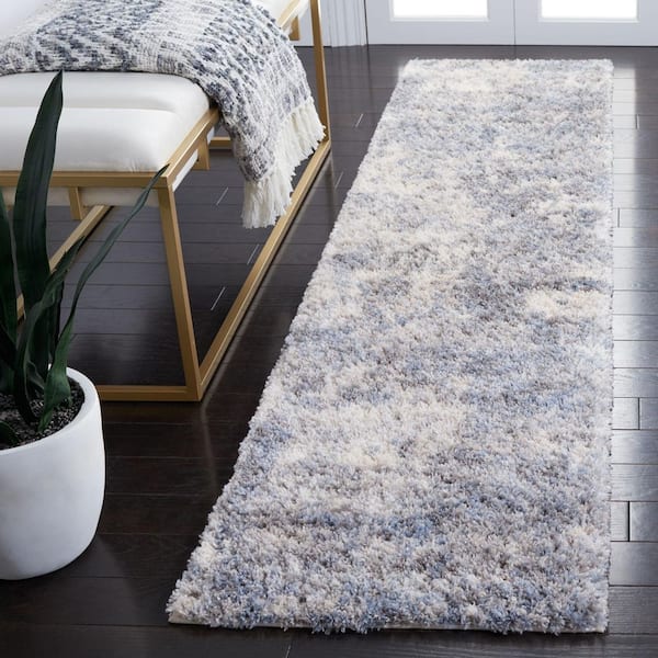 Berber Shag 2 ft. x 12 ft. Ivory/Blue Abstract Modern Runner Rug