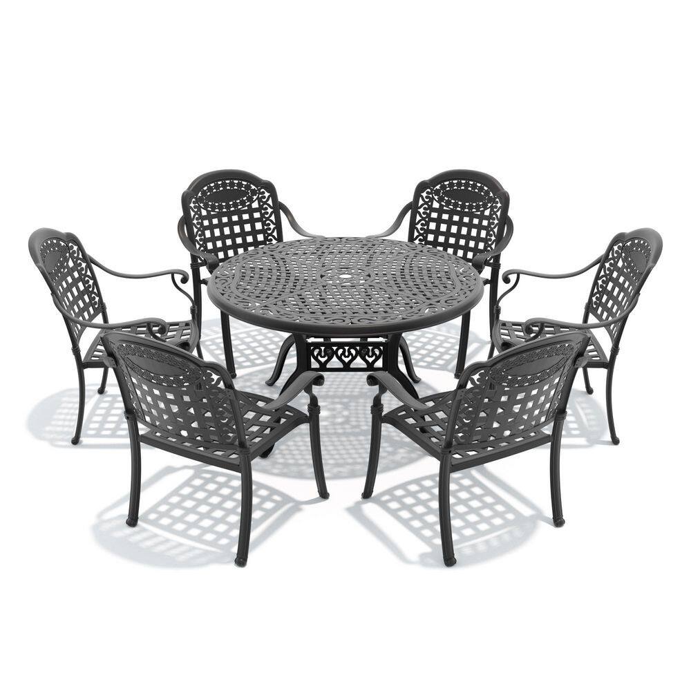 Black 7-Piece Cast Aluminum Round Outdoor Dining Set with Stackable Chairs and Blue Cushions price history on PriceWatchPro