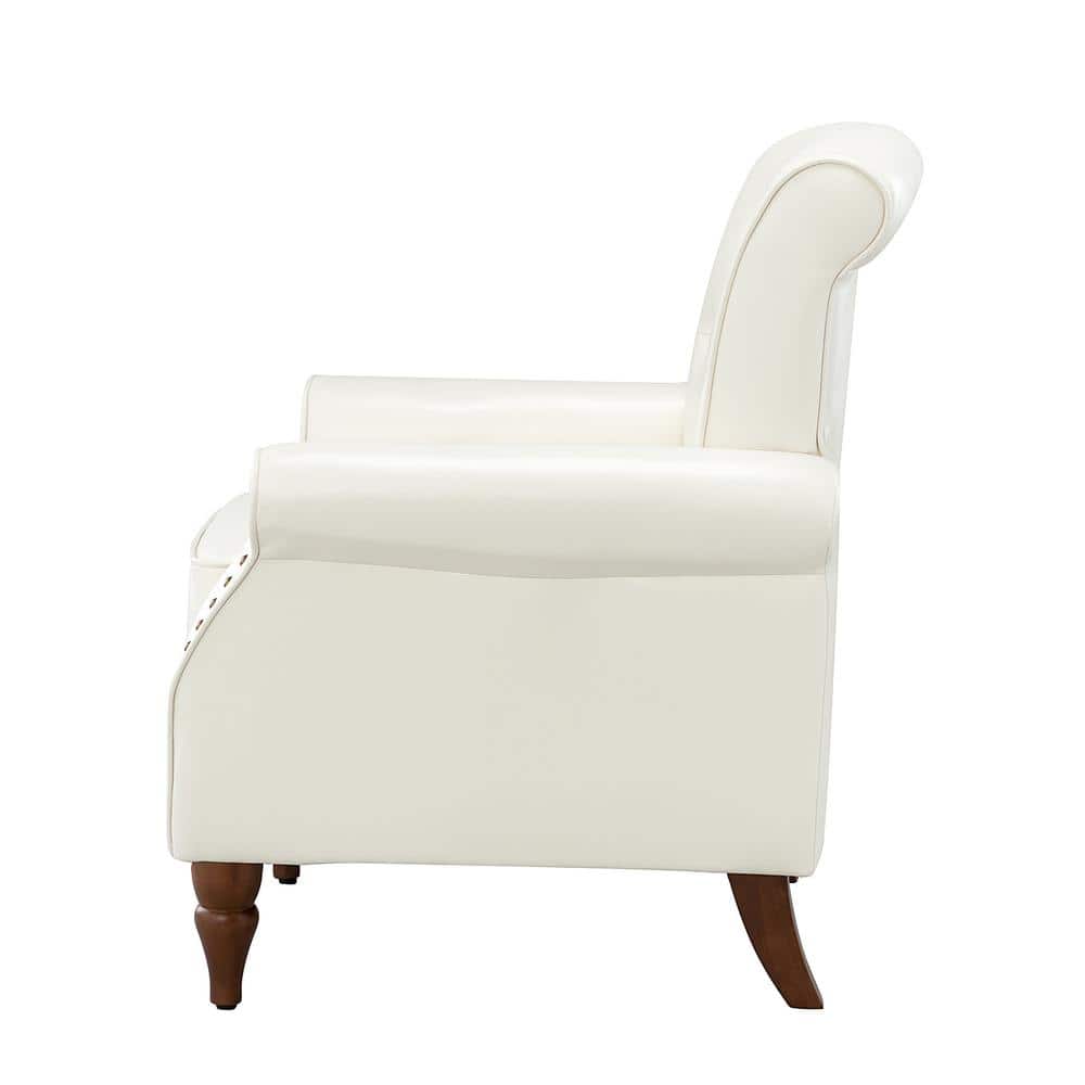 Ivory Faux Leather Accent Chair with Nailhead Trim and Wood Legs