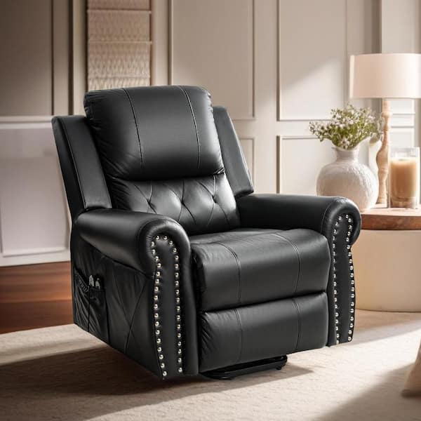 MAYKOOSH Black Oversized Power Lift Recliner with Massage, Footrest, and Studded Detailing and Remote