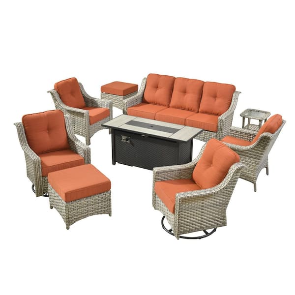Cherry 9-Piece Wicker Outdoor Furniture Patio Fire Pit Conversation Sofa Set with Swivel Chairs and Orange Red Cushions