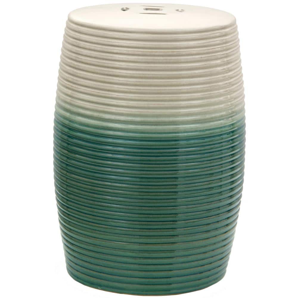 Handcrafted Beige and Green Ceramic Ribbed Accent Ottoman