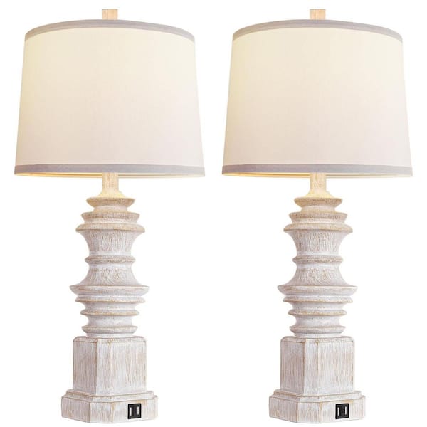 Rottogoon 26.5"White Table Lamps Set of 2, Farmhouse Nightstand Lamp Tall End Lamps with Dual USB 3 Color Modes Bulbs for Decor