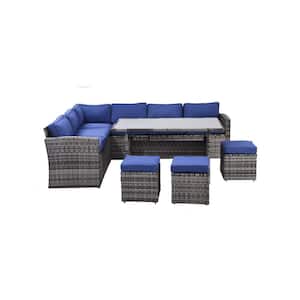 7-Piece Gray All Weather PE Wicker Patio Conversation Set with Blue Removable Cushions, Chairs, Ottomans, Backrest