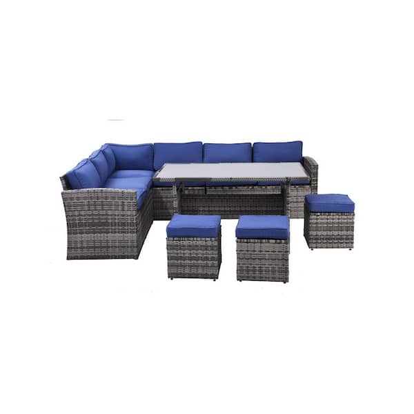 Tenleaf 7-Piece Gray All Weather PE Wicker Patio Conversation Set with Blue Removable Cushions, Chairs, Ottomans, Backrest