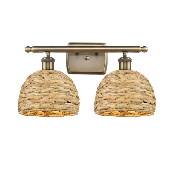 Woven Rattan 18 in. 2-Light Antique Brass Vanity Light with Rattan Shade