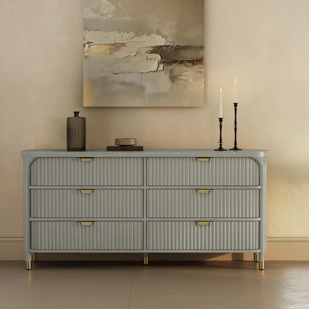 gray dresser modern Boonatu Grey for Bedroom with 6 Drawers, Wood Dressers Chest of Drawers with Metal Handles, Bedroom Dresser with Drawers for Closet Hallway, Living Room, Oak : Home & Base of the dresser is made of stainless steel in silver finish. 59