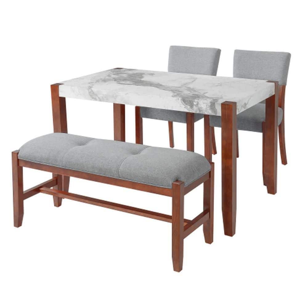 4-Piece Rubber Wood Outdoor Dining Conversation Patio Furniture Set with Gray Cushions