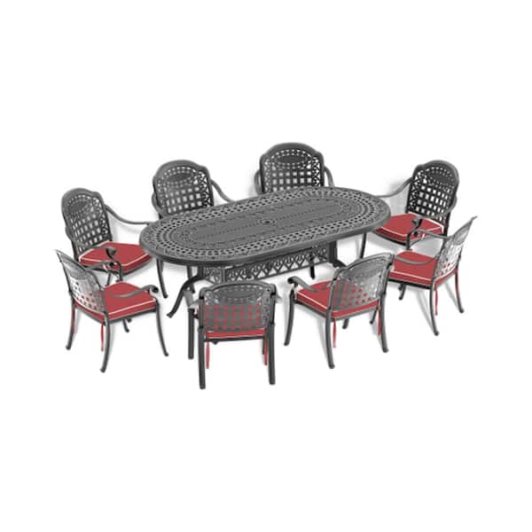 Misopily 9-Piece Cast Aluminum Black Outdoor Dining Set with Random Colors Cushions and Umbrella Hole