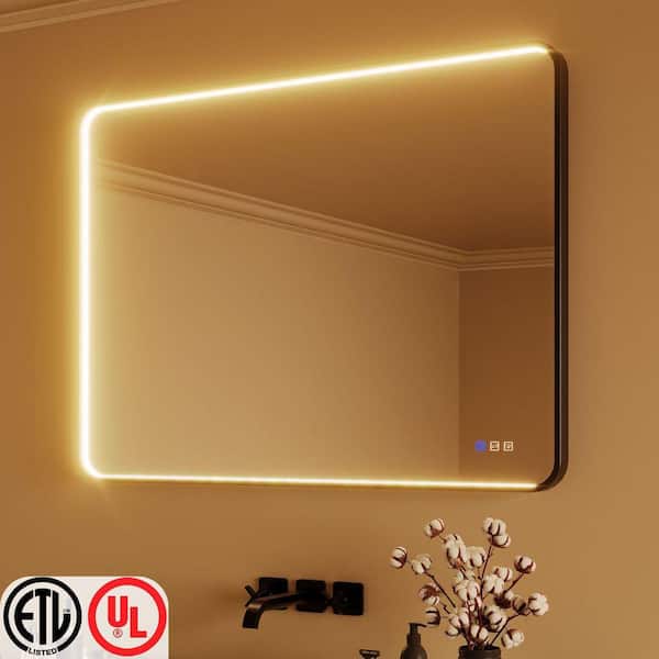 48 in. W x 36 in. H Rectangular Aluminum Framed Light Dimmable Anti-Fog LED Wall Bathroom Vanity Mirror in Black