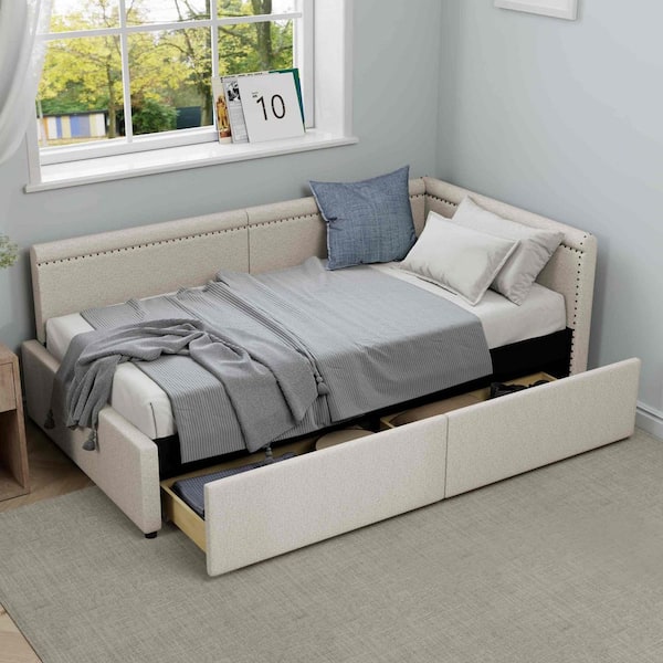 Beige Twin Size Daybed with 2-Storage Drawers