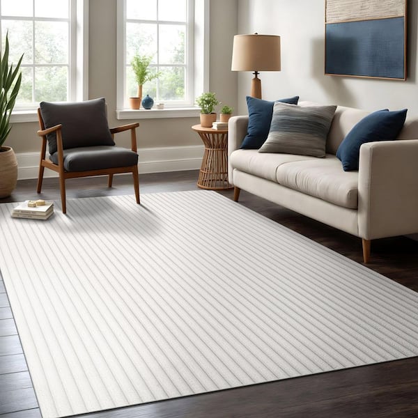 UltraPlush Touch 4 ft. x 6 ft. White Non-Slip Rubber Back Washable Polyester Stripes Indoor Area Rug