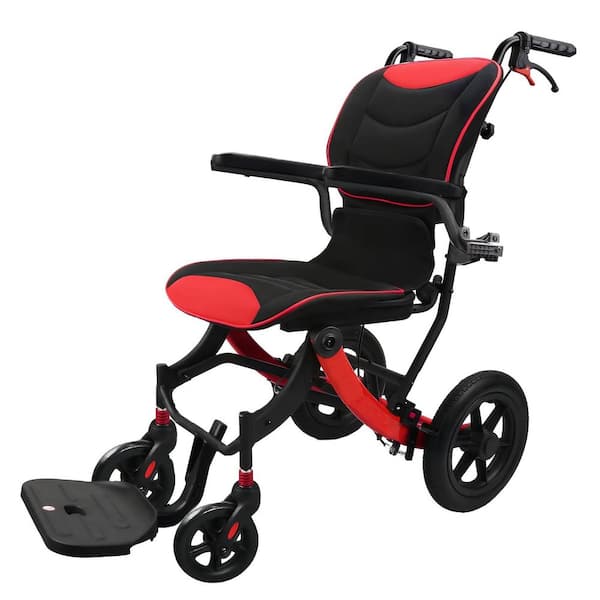 Ergonomic Transport Wheelchair Lightweight Foldable with Removable Cushion, 12-inch Rear Wheels for All Terrains, Red