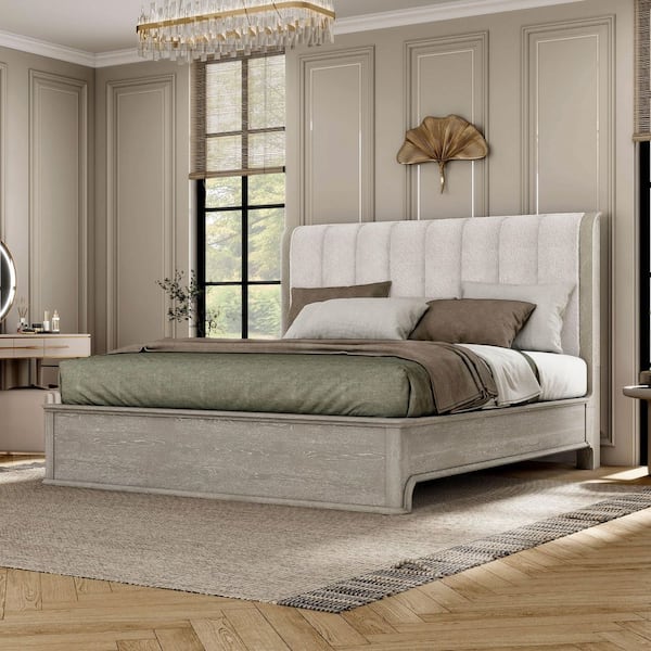 Wilter Light Gray Wood Frame Queen Panel Bed with Padded Curved Edge Headboard