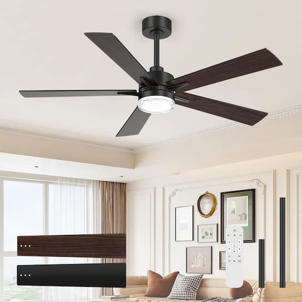 Breezary Oswald 52 in. Black Standard Ceiling Fan with Color-Changing LED Light, Downrod, Black/Brown Blades and Remote Included