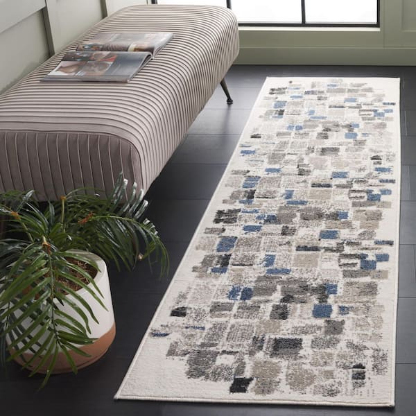Pyramid 2 ft. x 8 ft. Ivory/Gray Navy Abstract Geometric Tile Runner Rug