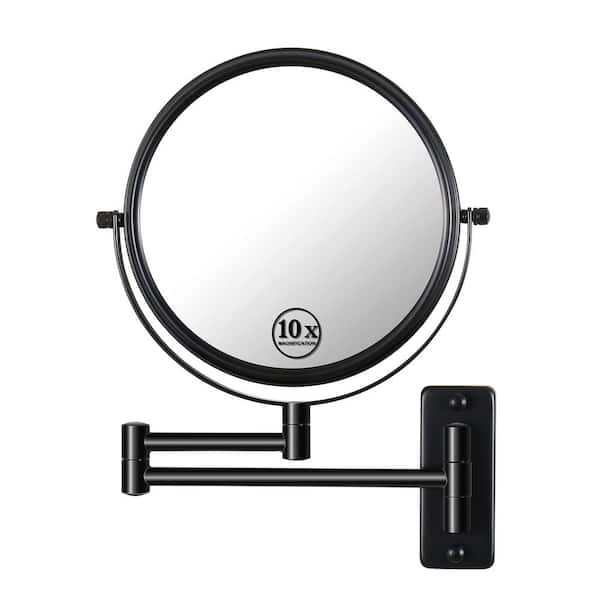 FUNKOL 8 in. W Small Round 1x/10x Magnifying 360-Degree Swivel Wall-Mounted Bathroom Makeup Mirror with Extension Arm (Black)