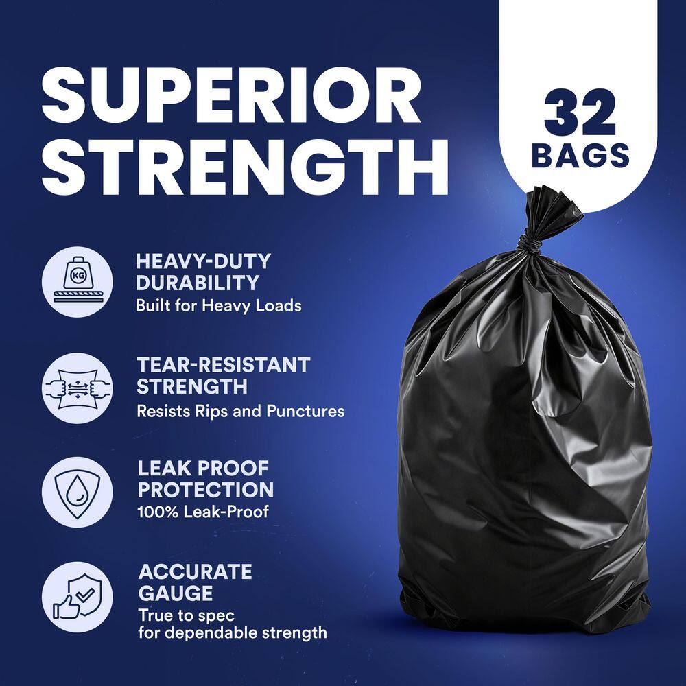 Heavy-Duty Black 60-Gallon Contractor Trash Bags with Tie Closure